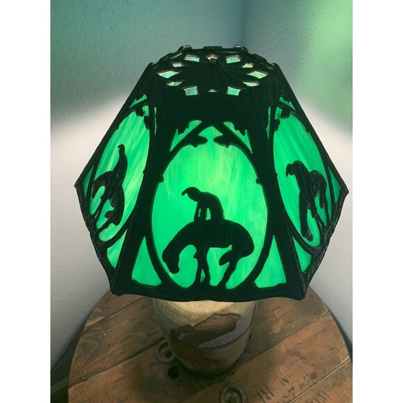 HTF Loevsky & Loevsky slag glass end of the trail lamp cast metal Lampshade EUC - Picture 1 of 5